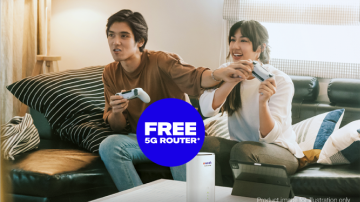 A couple happily playing PlayStation with a 'FREE 5G ROUTER' logo in the center