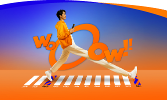 A man walking crossing crosswalk with elongated leg holding his phone, surrounded by the word 'WOOOW!!' at the center
