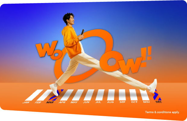 A man walking crossing crosswalk with elongated leg holding his phone, surrounded by the word 'WOOOW!!' at the center