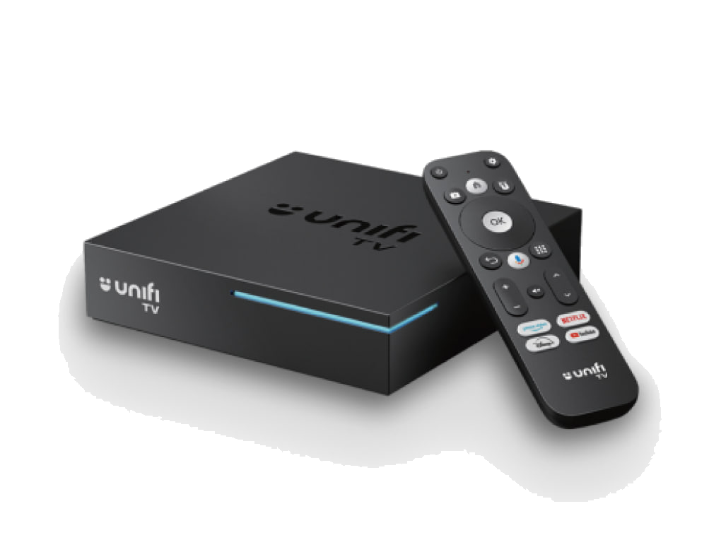 Unifi TV Box with remote control — 3/4 perspective view