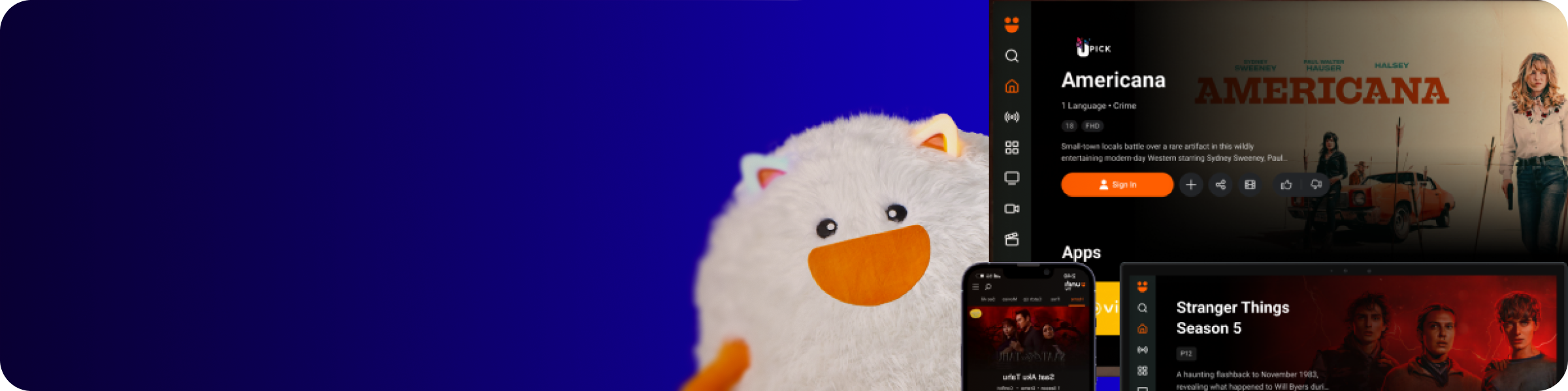 Unifi mascot beside phone and tablet showing Unifi TV shows