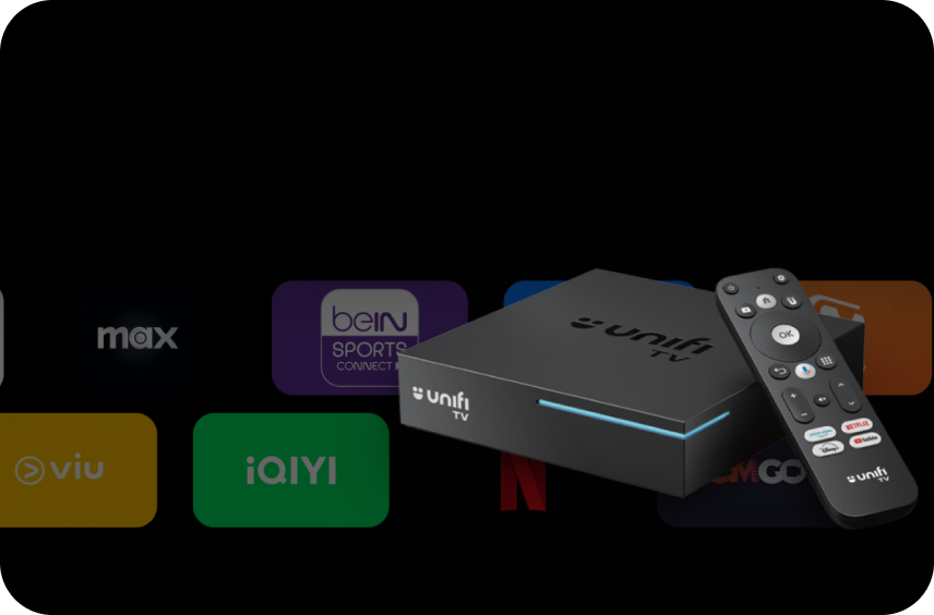 Unifi TV Box with remote and streaming app logos